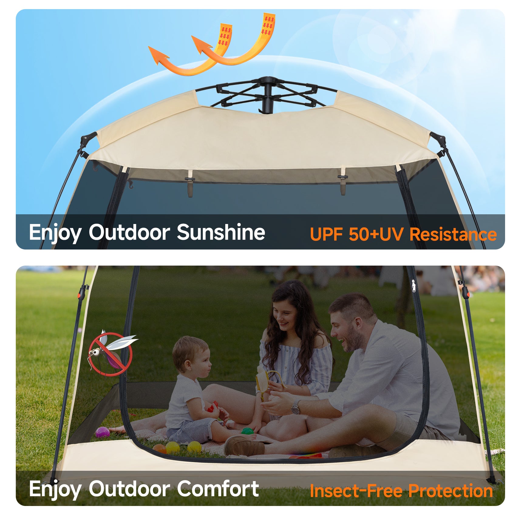 EighteenTek 10'x10'x7' Pop Up Sports Tent Shelter for 4–6 People, All Weather Outdoor Gazebo with Mesh Walls, Portable Camping Canopy Room for Tailgating, Backyard, Beige