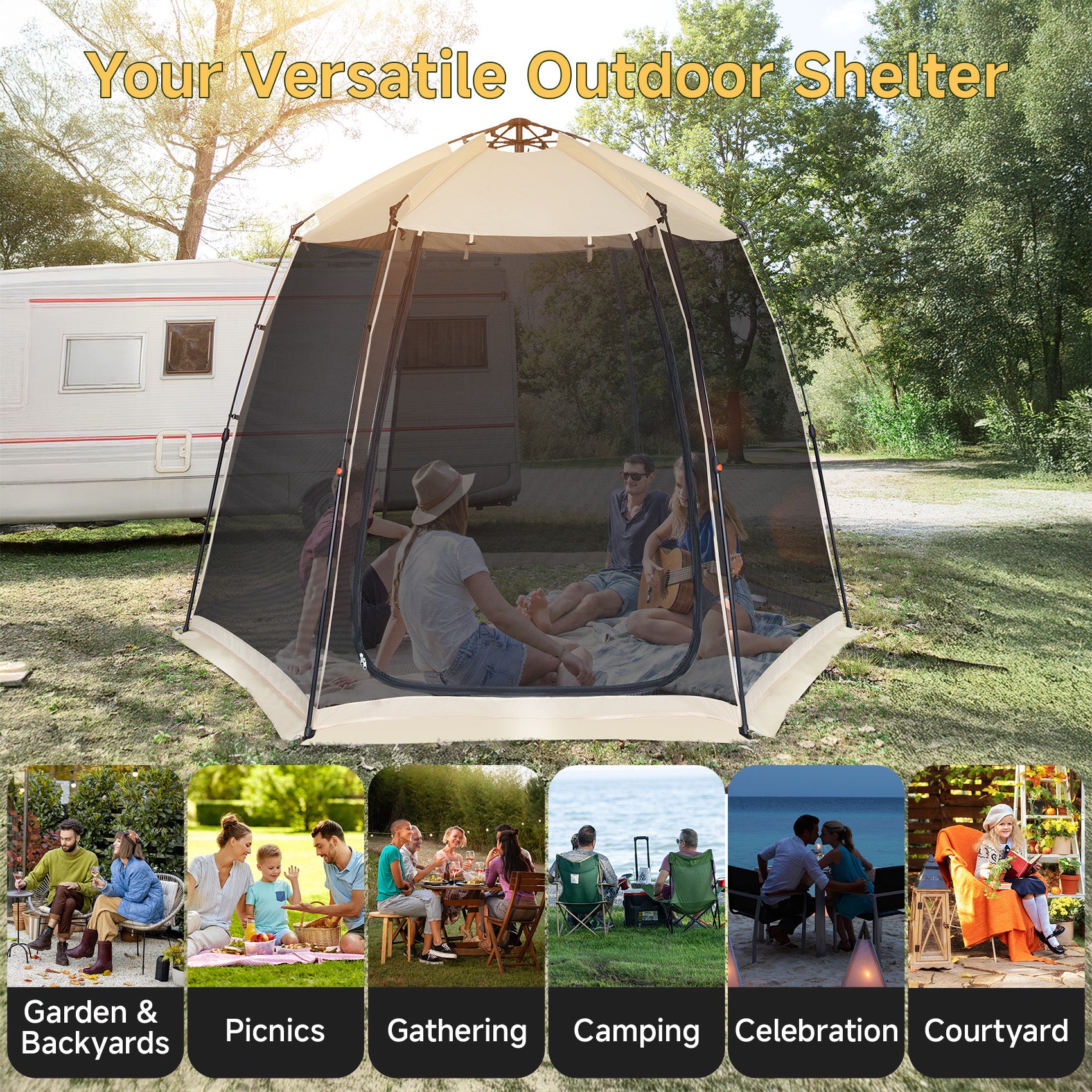 EighteenTek 10'x10'x7' Pop Up Sports Tent Shelter for 4–6 People, All Weather Outdoor Gazebo with Mesh Walls, Portable Camping Canopy Room for Tailgating, Backyard, Beige