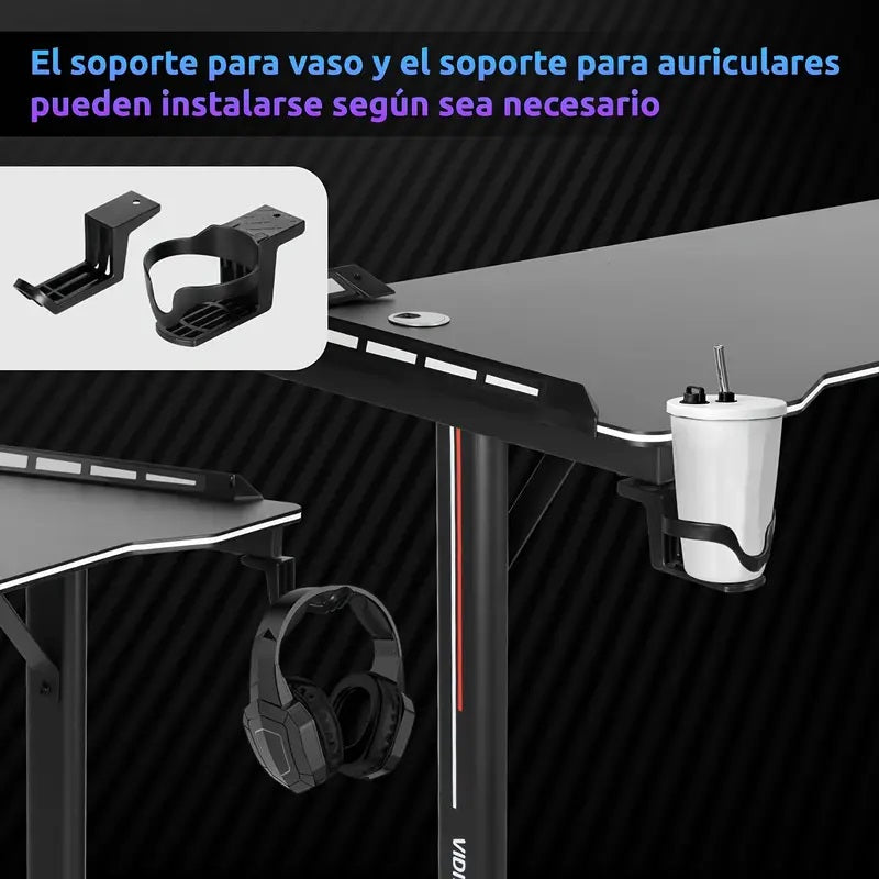 Gaming Computer Desk 47"–55" with Full-Surface Mouse Pad – Carbon Fiber Desktop, Cup Holder, Socket Rack, Cable Management &amp; Adjustable Feet