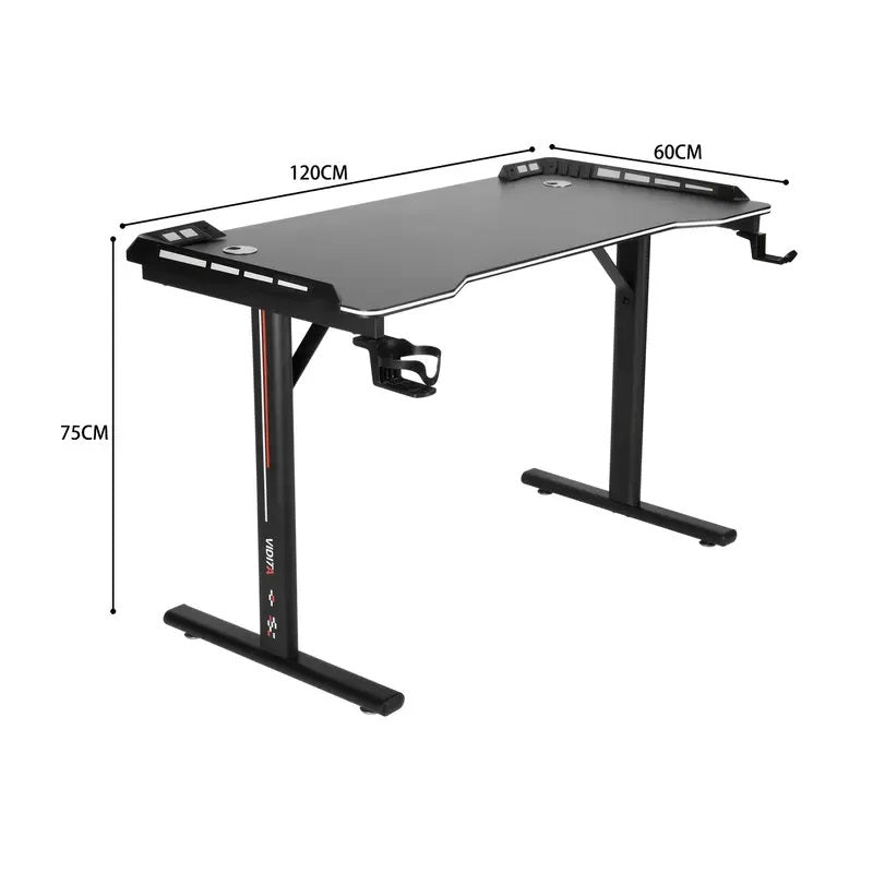 Gaming Computer Desk 47"–55" with Full-Surface Mouse Pad – Carbon Fiber Desktop, Cup Holder, Socket Rack, Cable Management &amp; Adjustable Feet