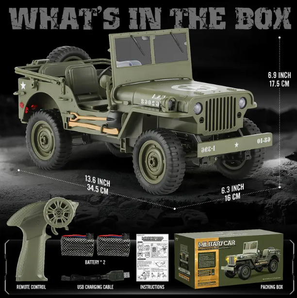 C Rock Crawler 1/10 RC Truck – 4x4 Off-Road Military Remote Control Car with Metal Chassis, LED Lights & Proportional Steering – RTR All-Terrain RC Vehicle for Age 15+