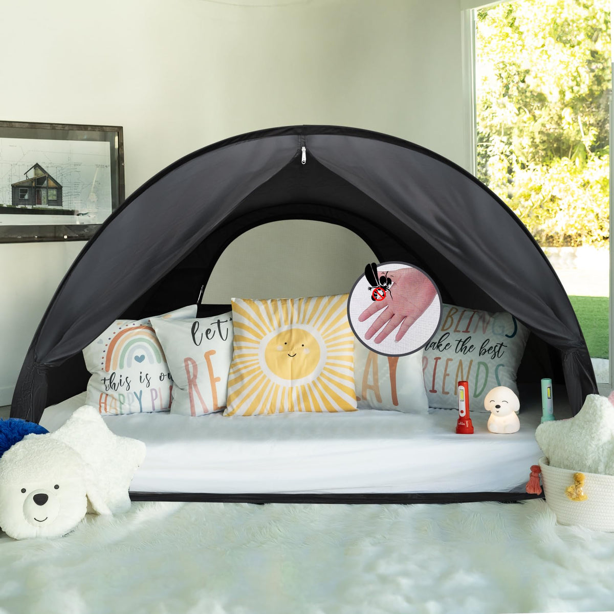 Pop Up Bed Tent Mesh & Shade Cloth Window Bed Canopy Shelter Cabin Indoor Privacy Space Sleeping Tents Blackout Light Reduction Breathable Dream Tent Portable Bag Full