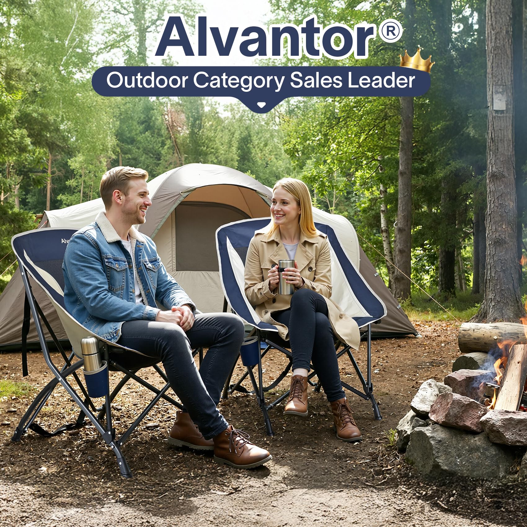 Alvantor Folding Camping Chair with Breathable Mesh, Portable Outdoor Chair for Adults, Heavy Duty Steel Frame Supports, Built-in Cup Holder, Carry Strap for Camping Beach Sports Tailgating