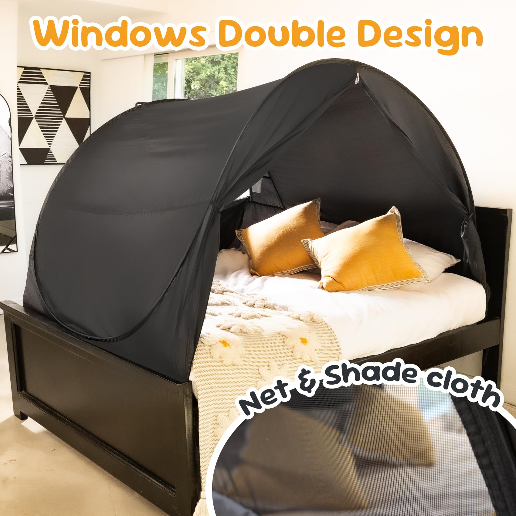 LEEDOR Pop Up Bed Tent with Mesh & Shade Cloth Window,Bed Canopy Shelter Cabin Indoor Privacy Space Sleeping Tents,Blackout Light Reduction Breathable Dream Tent with Portable Bag for Kids Adults Full