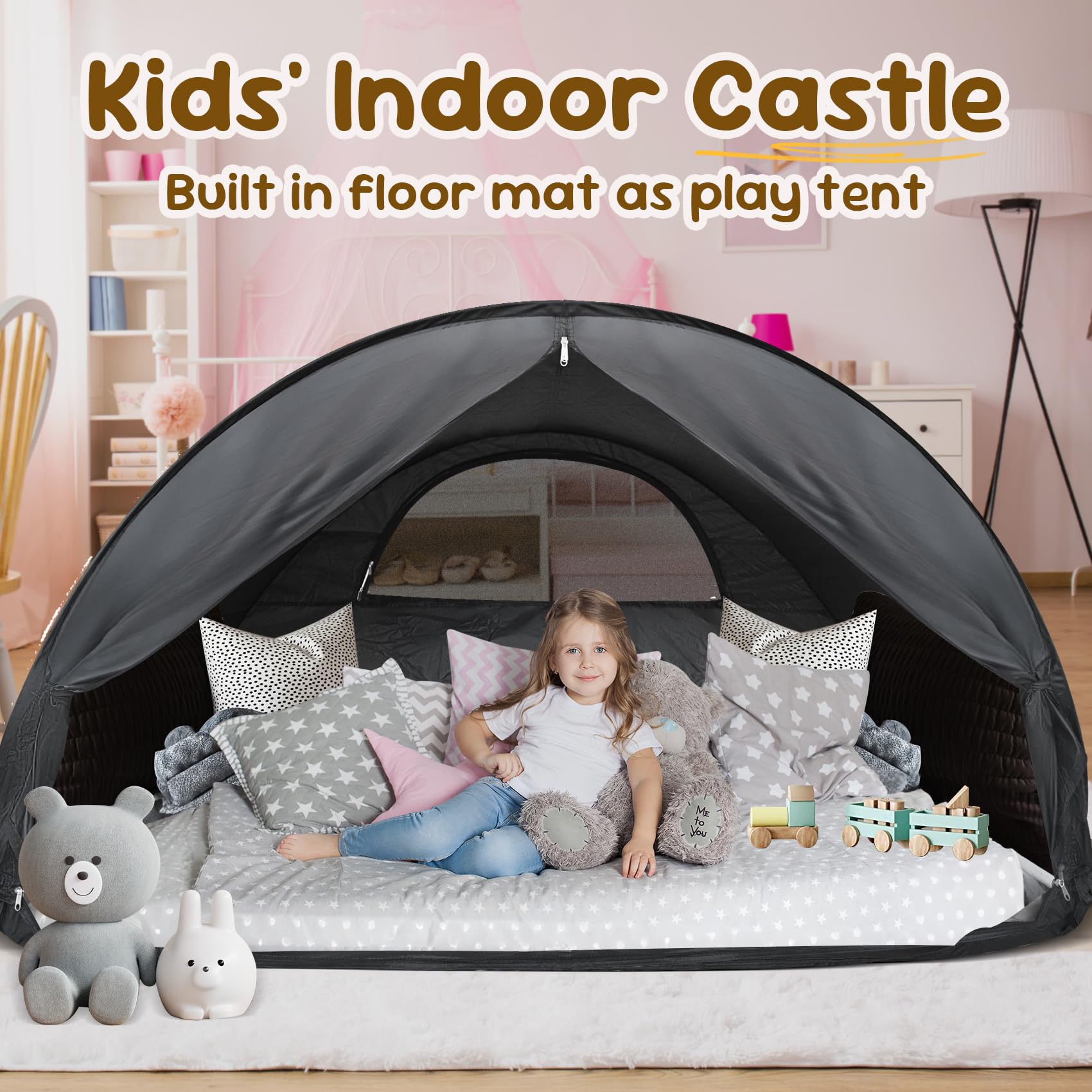 LEEDOR Pop Up Bed Tent with Mesh & Shade Cloth Window,Bed Canopy Shelter Cabin Indoor Privacy Space Sleeping Tents,Blackout Light Reduction Breathable Dream Tent with Portable Bag for Kids Adults Full