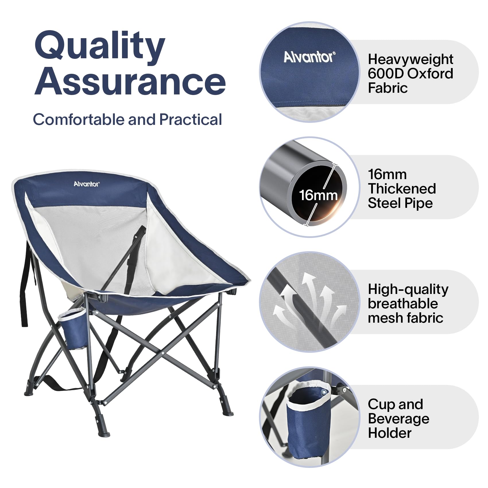 Alvantor Folding Camping Chair with Breathable Mesh, Portable Outdoor Chair for Adults, Heavy Duty Steel Frame Supports 250 lbs, Built-in Cup Holder, Carry Strap for Camping Beach Sports Tailgating