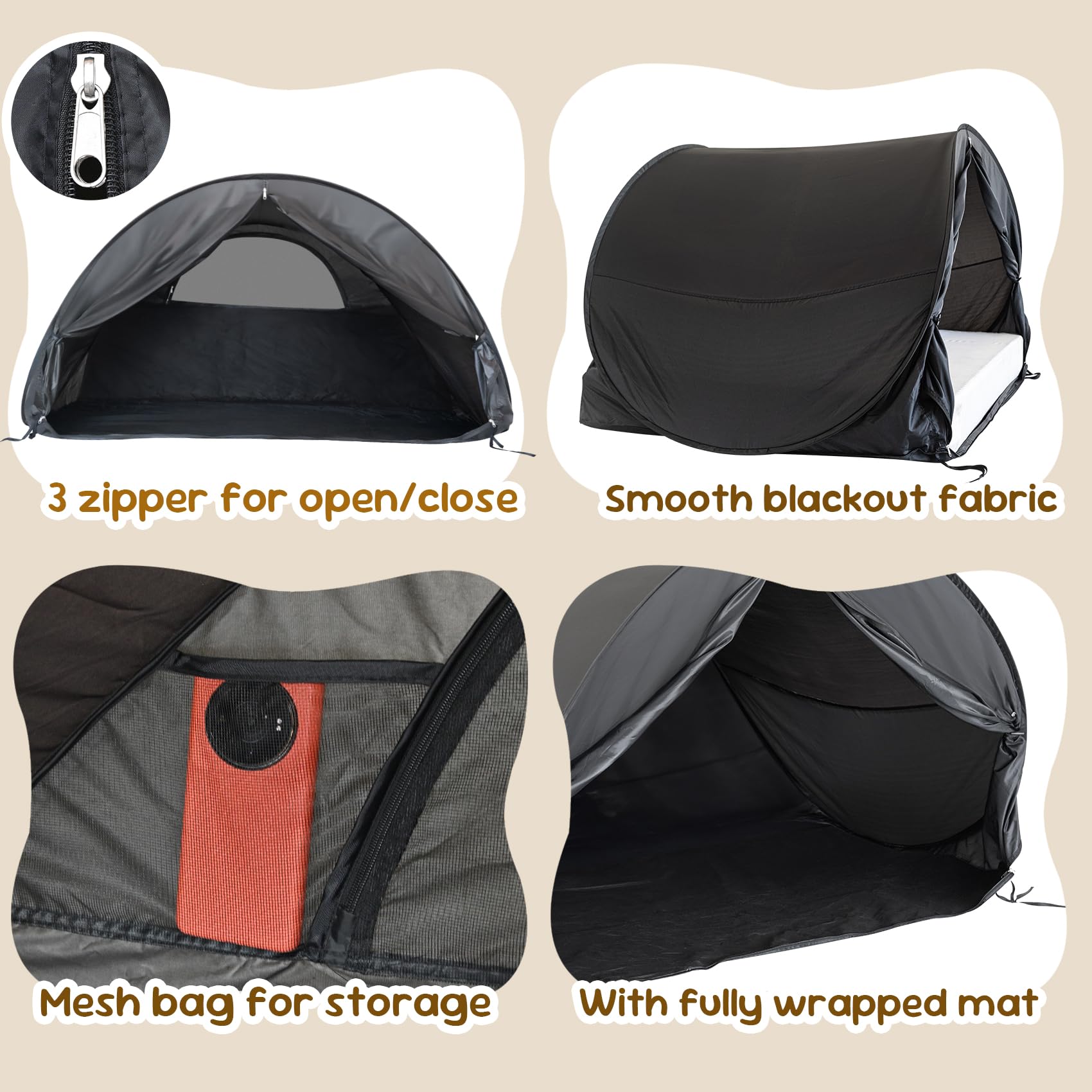 LEEDOR Pop Up Bed Tent with Mesh & Shade Cloth Window,Bed Canopy Shelter Cabin Indoor Privacy Space Sleeping Tents,Blackout Light Reduction Breathable Dream Tent with Portable Bag for Kids Adults Full