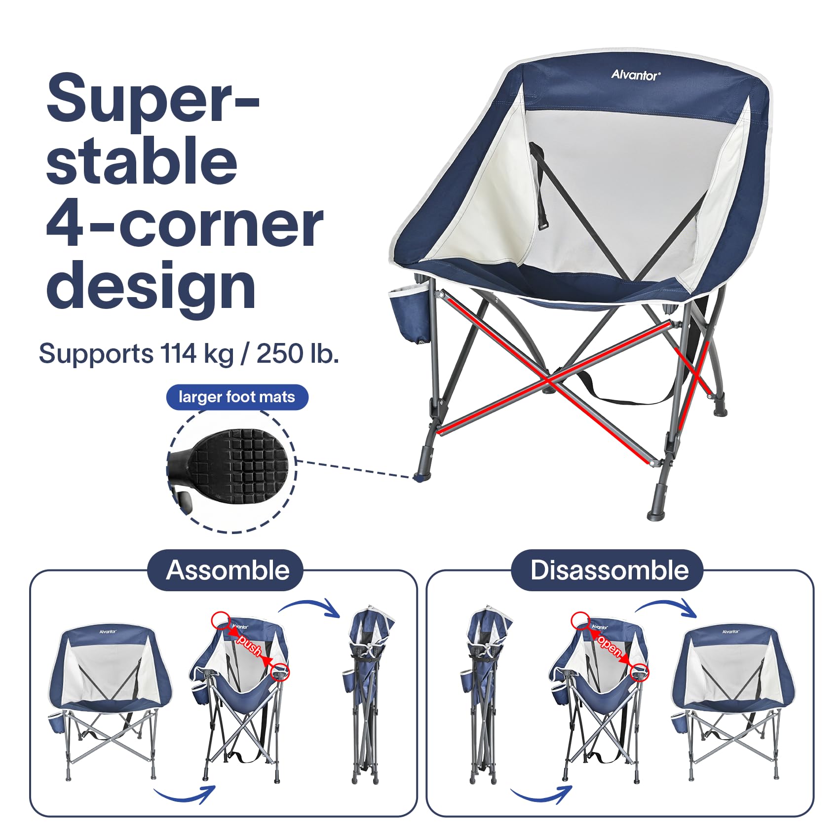 Alvantor Folding Camping Chair with Breathable Mesh, Portable Outdoor Chair for Adults, Heavy Duty Steel Frame Supports, Built-in Cup Holder, Carry Strap for Camping Beach Sports Tailgating