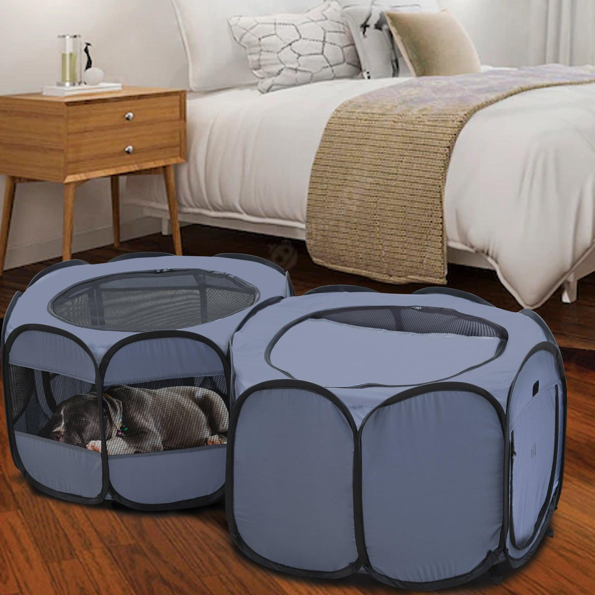 EighteenTek Double Room Pet Playpen Pop Up Portable Puppy Cat Cage Fence Kennel